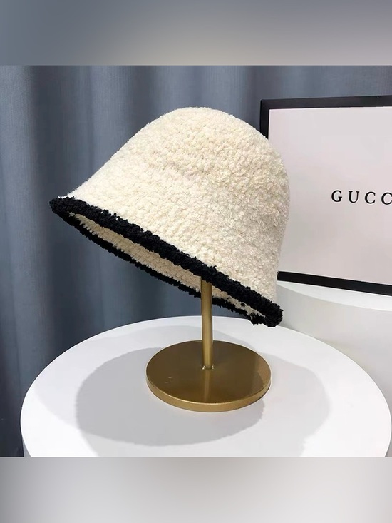Accessories - Cream Bouclé Bucket Hat with Black Trim